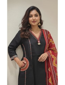 Jet Black Embroidered Kurta Set with Chevron Print Dupatta