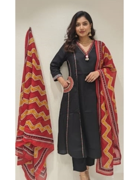 Jet Black Embroidered Kurta Set with Chevron Print Dupatta