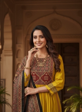 Mustard Yellow Anarkali Kurta Set with Kalamkari Print Dupatta