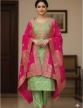 Sage Green Banarasi Silk Suit with Rani Pink Zari Dupatta
