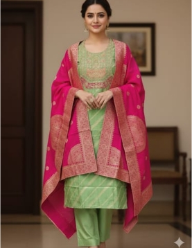Sage Green Banarasi Silk Suit with Rani Pink Zari Dupatta