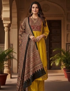 Mustard Yellow Anarkali Kurta Set with Kalamkari Print Dupatta