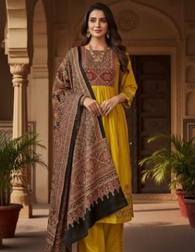 Mustard Yellow Anarkali Kurta Set with Kalamkari Print Dupatta