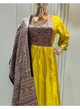 Mustard Yellow Anarkali Kurta Set with Kalamkari Print Dupatta