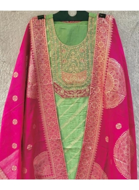 Sage Green Banarasi Silk Suit with Rani Pink Zari Dupatta