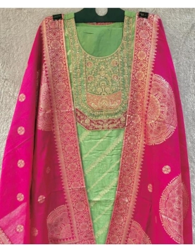 Sage Green Banarasi Silk Suit with Rani Pink Zari Dupatta