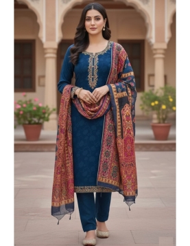 Teal Blue Kurta Set with Pashmina-Style Printed Dupatta