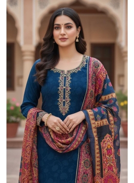 Teal Blue Kurta Set with Pashmina-Style Printed Dupatta