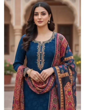 Teal Blue Kurta Set with Pashmina-Style Printed Dupatta