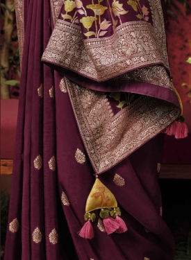 Dark Wine Dola Silk Saree, with amazing zari weaving 