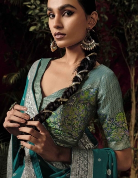 Teal Green Dola Silk Saree, with amazing zari weaving 