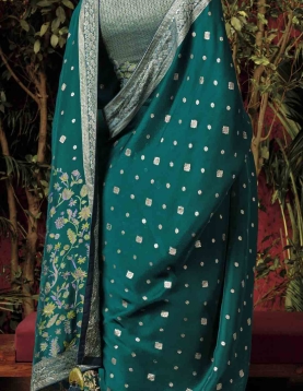 Teal Green Dola Silk Saree, with amazing zari weaving 