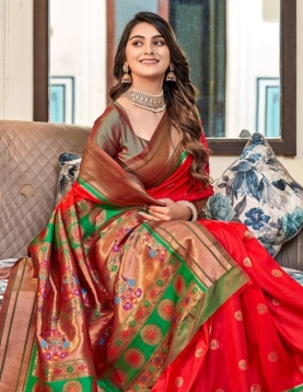 Red Paithani Silk Saree which in itself is a masterpiece