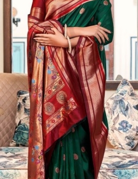 Dark Green Paithani Silk Saree which in itself is a masterpiece