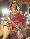 Cherry Red Satin Silk Saree, the perfect blend of elegance and sophistication
