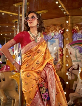 Lily Yellow Satin Silk Saree, the perfect blend of elegance and sophistication