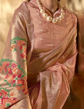 Peach Paithani Zari Tissue Handwoven Saree, reflects its luxurious look in beautiful pastel colours