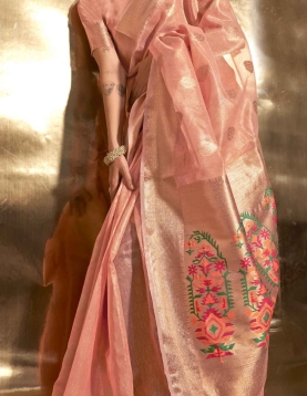 Peach Paithani Zari Tissue Handwoven Saree, reflects its luxurious look in beautiful pastel colours