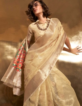 Golden Paithani Zari Tissue Handwoven Saree, reflects its luxurious look in beautiful pastel colours