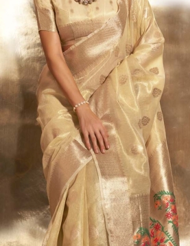 Golden Paithani Zari Tissue Handwoven Saree, reflects its luxurious look in beautiful pastel colours
