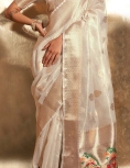 Off-White Paithani Zari Tissue Handwoven Saree, reflects its luxurious look in beautiful pastel colours