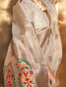 Off-White Paithani Zari Tissue Handwoven Saree, reflects its luxurious look in beautiful pastel colours