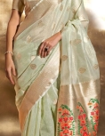 Pastel Green Paithani Zari Tissue Handwoven Saree, reflects its luxurious look in beautiful pastel colours