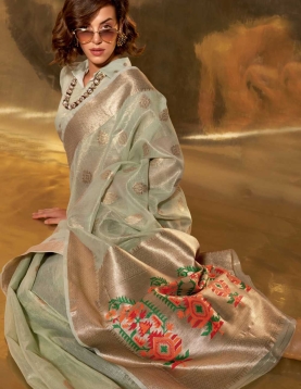 Pastel Green Paithani Zari Tissue Handwoven Saree, reflects its luxurious look in beautiful pastel colours