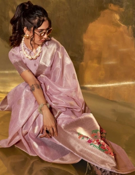 Lotus Pink Paithani Zari Tissue Handwoven Saree, reflects its luxurious look in beautiful pastel colours