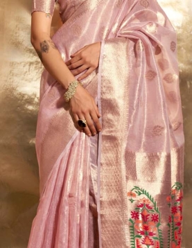 Lotus Pink Paithani Zari Tissue Handwoven Saree, reflects its luxurious look in beautiful pastel colours
