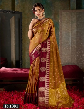 Gold &amp; Maroon Banarasi Silk Saree with Traditional Zari Borders