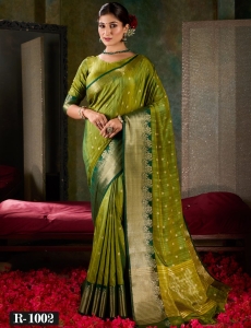 Olive Green Banarasi Silk Saree with Emerald Zari Border