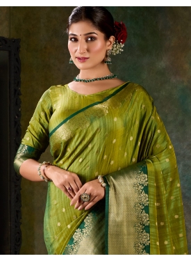 Olive Green Banarasi Silk Saree with Emerald Zari Border