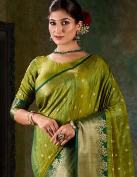 Olive Green Banarasi Silk Saree with Emerald Zari Border
