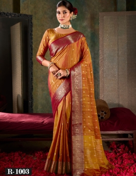 Amber Gold Banarasi Silk Saree with Crimson Zari Border