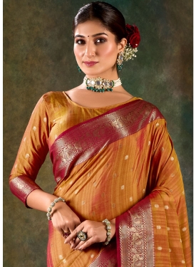 Amber Gold Banarasi Silk Saree with Crimson Zari Border
