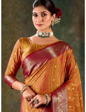 Amber Gold Banarasi Silk Saree with Crimson Zari Border