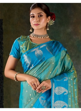 Azure Blue Banarasi Silk Saree with Paisley Zari Motifs