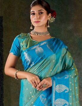 Azure Blue Banarasi Silk Saree with Paisley Zari Motifs