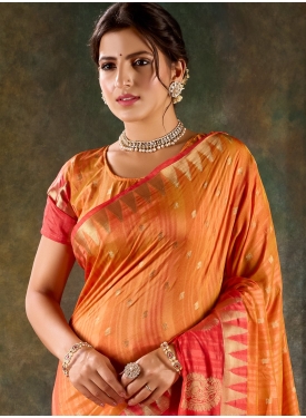 Sunset Orange Banarasi Silk Saree with Coral Red Zari Border