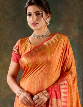 Sunset Orange Banarasi Silk Saree with Coral Red Zari Border