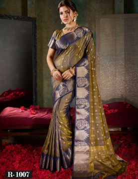 Deep Bronze &amp; Navy Blue Banarasi Silk Saree