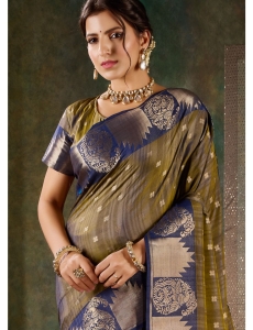 Deep Bronze & Navy Blue Banarasi Silk Saree