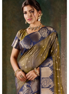 Deep Bronze & Navy Blue Banarasi Silk Saree