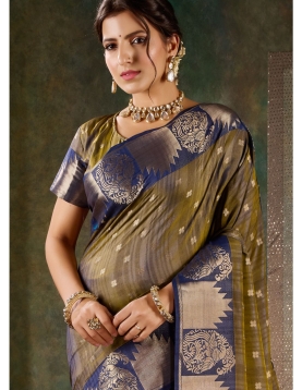 Deep Bronze &amp; Navy Blue Banarasi Silk Saree