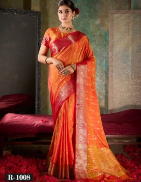 Tangerine Orange and Crimson Red Silk Saree with Gold Zari Border (R-1008)