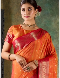 Tangerine Orange and Crimson Red Silk Saree with Gold Zari Border (R-1008)