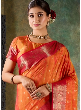 Tangerine Orange and Crimson Red Silk Saree with Gold Zari Border (R-1008)