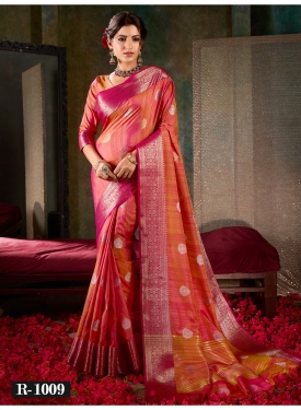Vibrant Pink and Orange Banarasi Silk Saree with Traditional Floral Zari Work