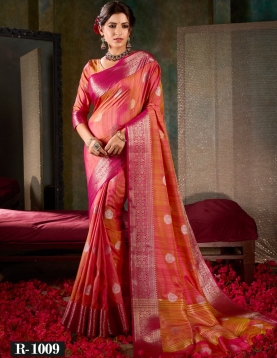 Vibrant Pink and Orange Banarasi Silk Saree with Traditional Floral Zari Work